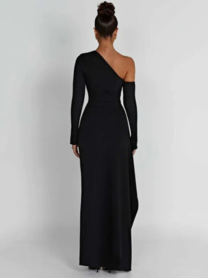 Oblique Shoulder High-Split Bodycon Dress